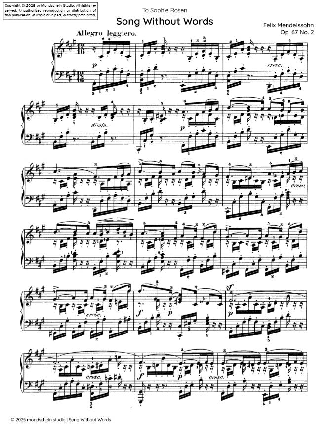 Mendelssohn - Song Without Words, Op. 67 No. 2 - Mondschein Studio - Piano (Digital Download)