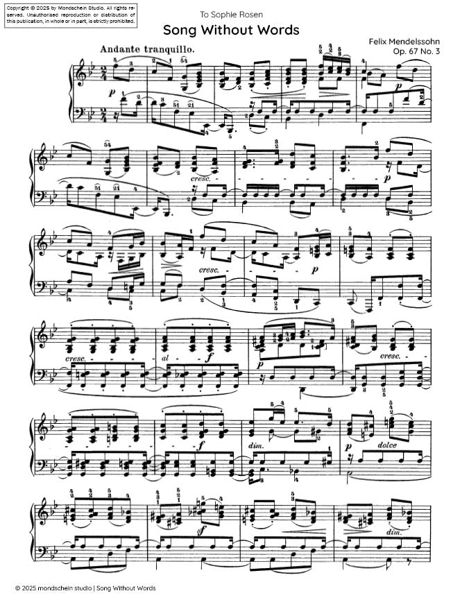 Mendelssohn - Song Without Words, Op. 67 No. 3 - Mondschein Studio - Piano (Digital Download)