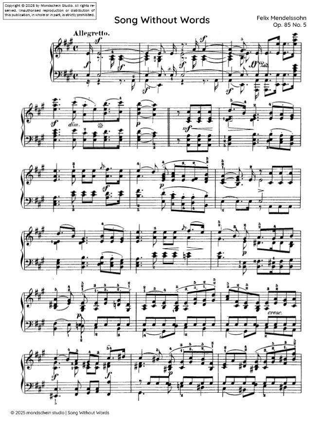 Mendelssohn - Song Without Words, Op. 85 No. 5 - Mondschein Studio - Piano (Digital Download)