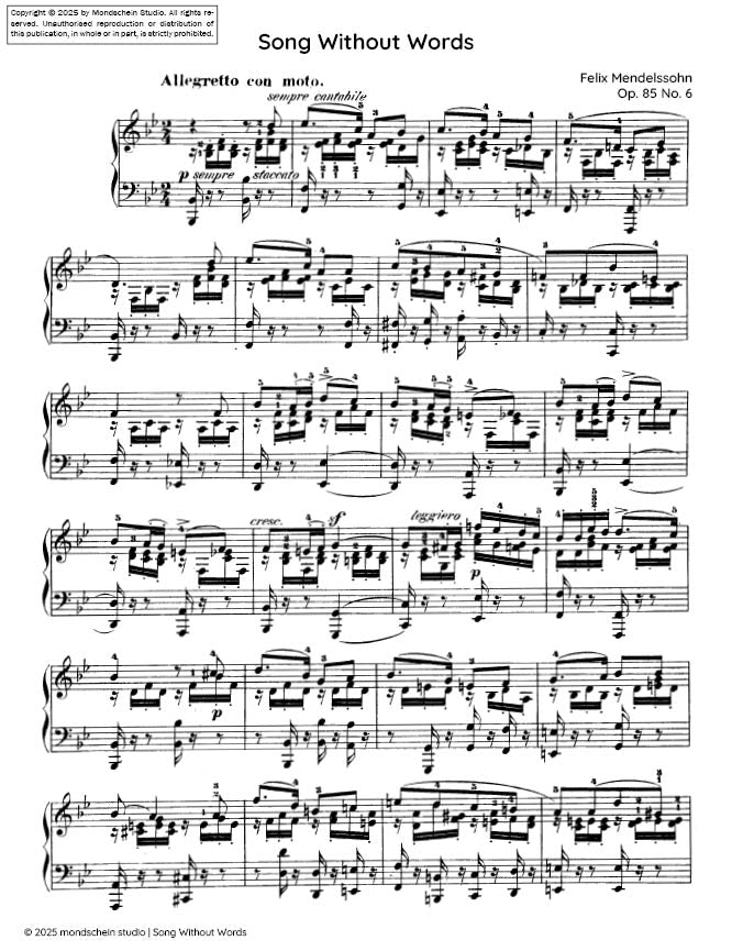 Mendelssohn - Song Without Words, Op. 85 No. 6 - Mondschein Studio - Piano (Digital Download)