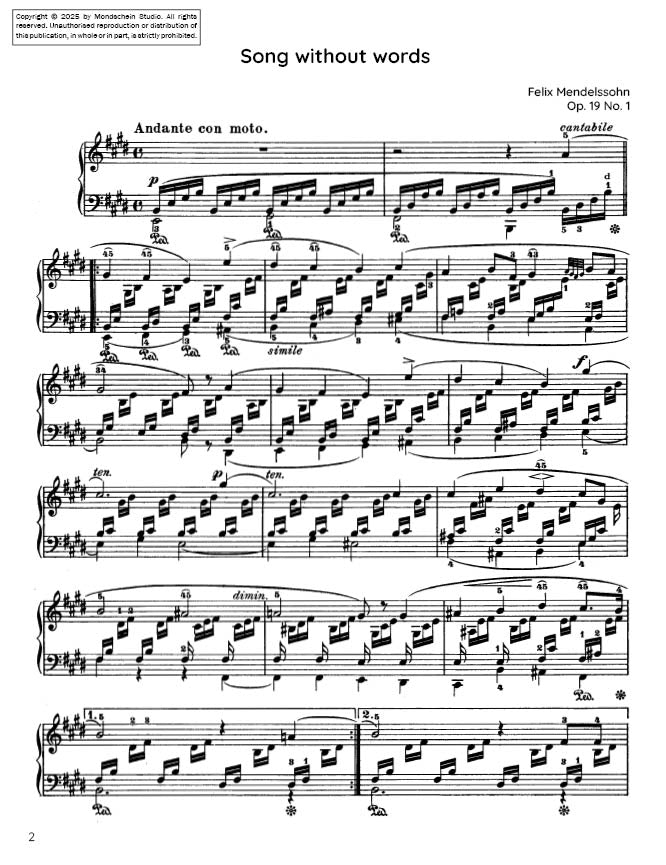 Mendelssohn - Song Without Words, Op. 19 No. 1 - Mondschein Studio - Piano (Digital Download)