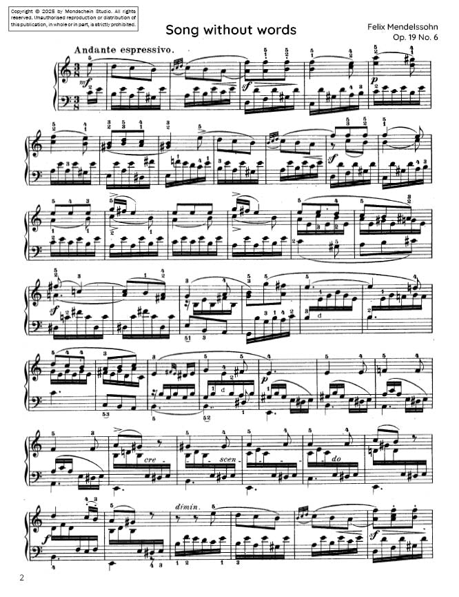 Mendelssohn - Song Without Words, Op. 19 No. 2 - Mondschein Studio - Piano (Digital Download)