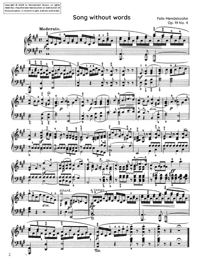 Mendelssohn - Song Without Words, Op. 19 No. 4 - Mondschein Studio - Piano (Digital Download)