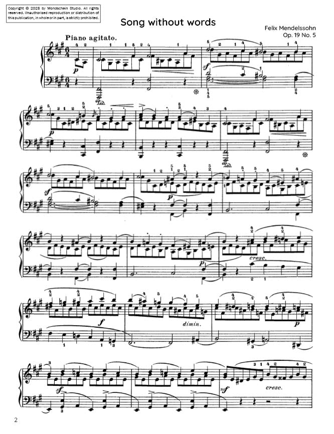 Mendelssohn - Song Without Words, Op. 19 No. 5 - Mondschein Studio - Piano (Digital Download)