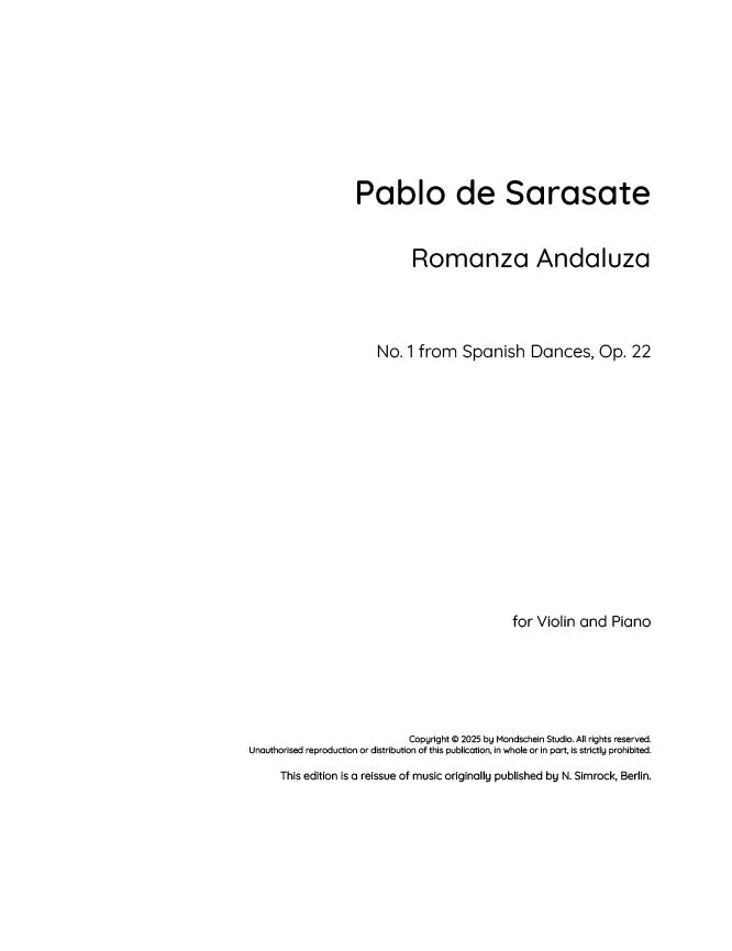 Sarasate - Romanza Andaluza for Violin and Piano from Spanish Dances, Op. 22 - Mondschein Studio - Violin/Piano Accompaniment (Digital Download)