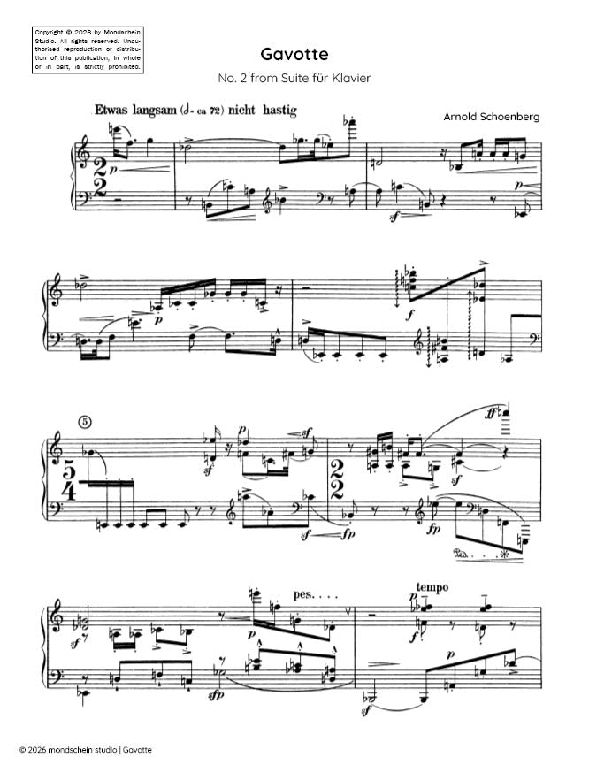 Schoenberg - Gavotte, No. 2 from Suite fur Klavier, Op. 25 (Suite for piano) - Mondschein Studio - Piano (Digital Download)