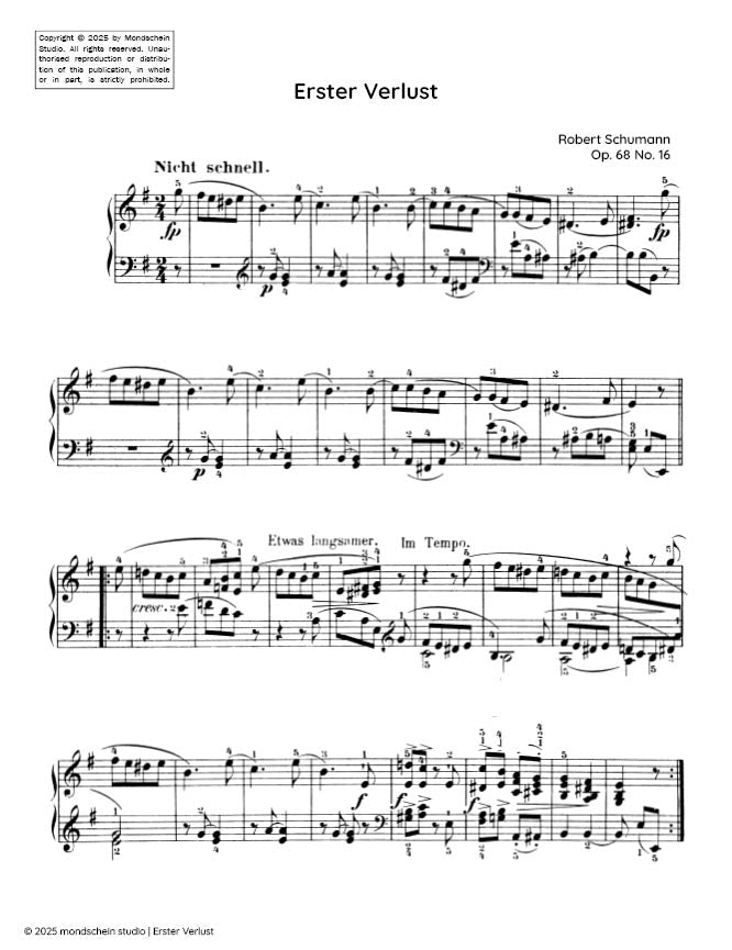 Schumann - Erster Verlust (First loss) Op. 68, No. 16 - Mondschein Studio - Piano (Digital Download)