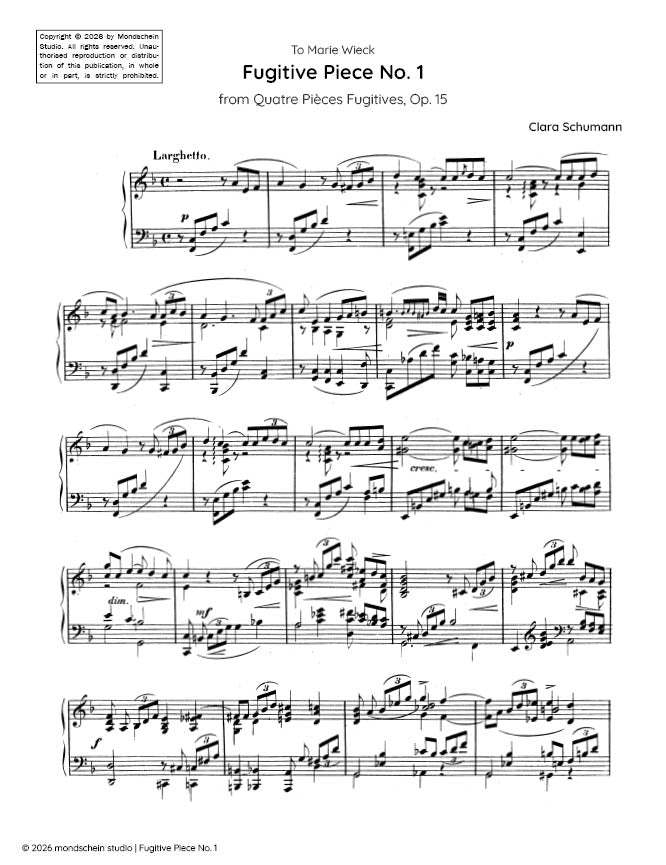 Schumann, C - Fugitive Piece No. 1 from Quatre Pieces Fugitives, Op. 15 - Mondschein Studio - Piano (Digital Download)