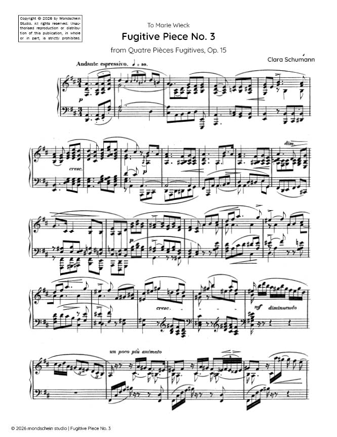 Schumann, C - Fugitive Piece No. 3 from Quatre Pieces Fugitives, Op. 15 - Mondschein Studio - Piano (Digital Download)
