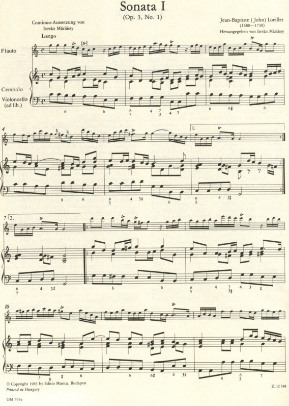 Loeillet - 12 Sonatas Op3 Volume 1 - Treble Recorder or Flute/Piano Accompaniment EMB Z12548