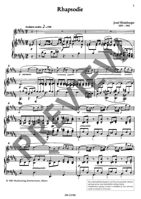 Rheinberger - Rhapsody in Bmaj - Flute/Piano Accompaniment edited by Pinschof Zimmermann ZM22760