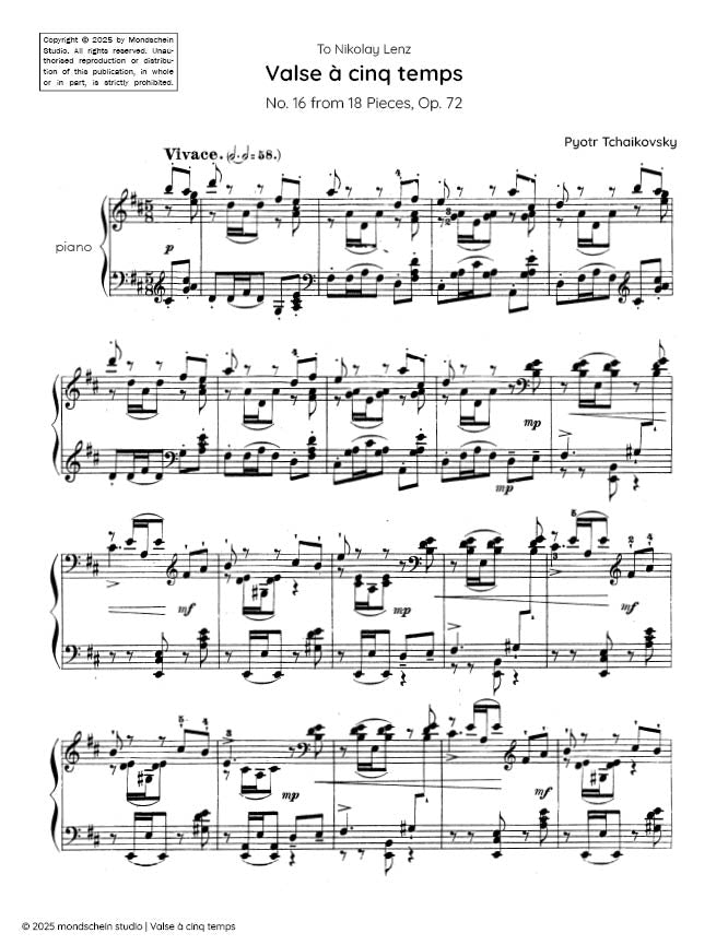 Tchaikovsky - Valse a cinq temps from 18 Pieces, Op. 72 No. 16 - Mondschein Studio - Piano (Digital Download)