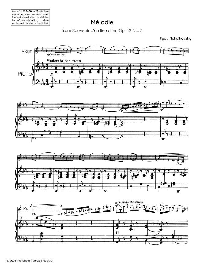 Tchaikovsky - Melodie, from Souvenir d'un lieu cher, Op. 42 No. 3 - Violin/Piano Accompaniment (Digital Download)