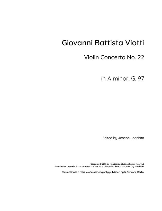 Viotti - Violin Concerto No. 22 in A minor, G. 97 - Mondschein Studio - Violin/Piano Accompaniment (Digital Download)