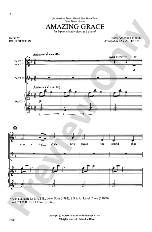 Amazing Grace - 3-Part Mixed Choral Octavo (Digital Download)