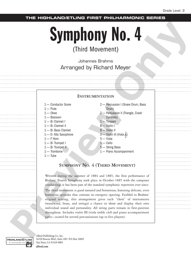 Symphony No. 4, 3rd Movement (Grade 2) – Full Orchestra Conductor Score & Parts (Digital Download)