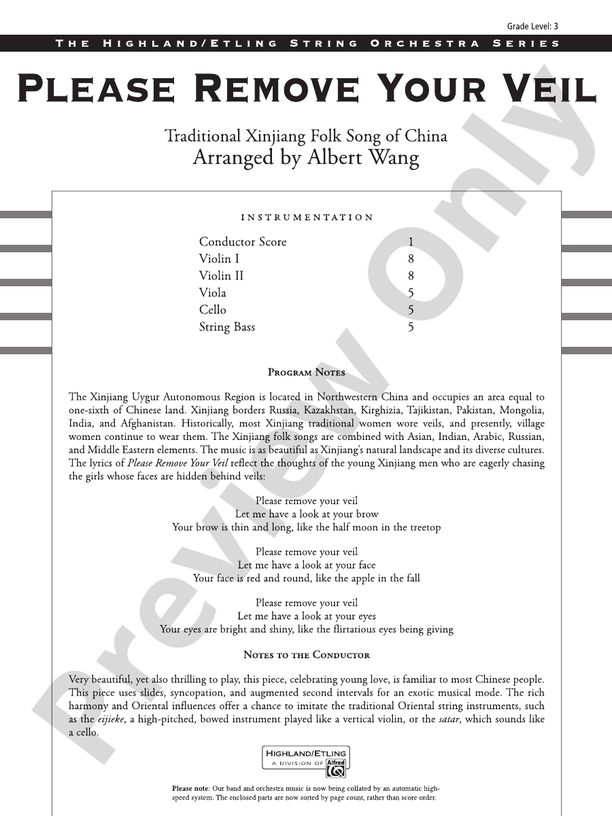 Please Remove Your Veil – String Orchestra Conductor Score & Parts (Digital Download)