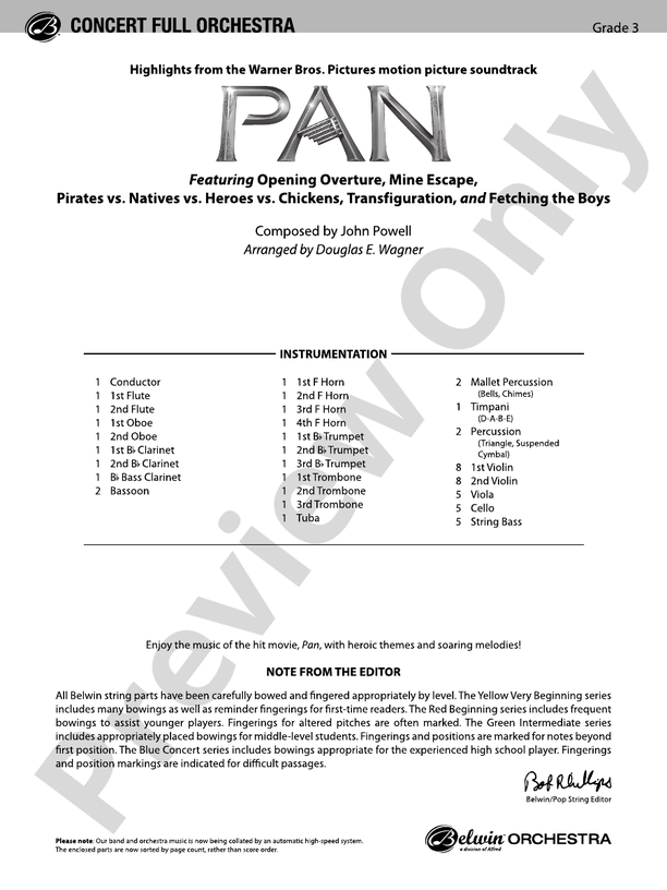 Pan: Highlights from the Warner Bros. Pictures Motion Picture Soundtrack – Full Orchestra Conductor Score & Parts (Digital Download)