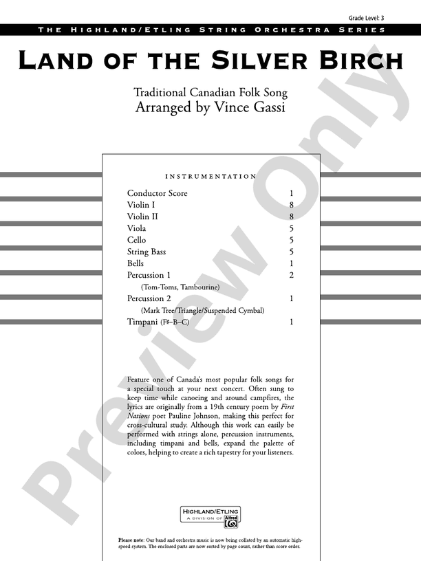 Land of the Silver Birch – String Orchestra Conductor Score & Parts (Digital Download)