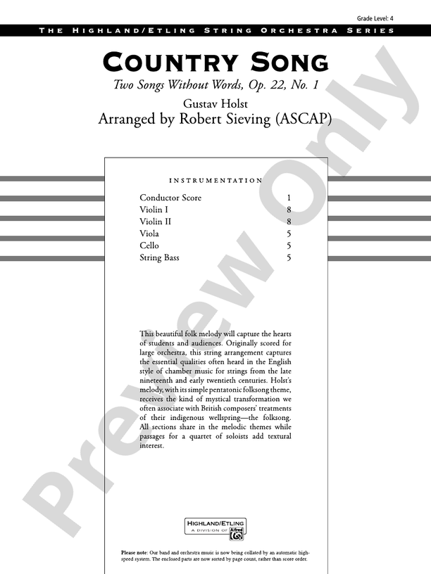 Country Song – String Orchestra Conductor Score & Parts (Digital Download)