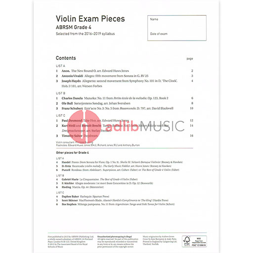 Violin Exam Pieces Grade 4, 2016-2019 - Score and Part - Various - Violin ABRSM