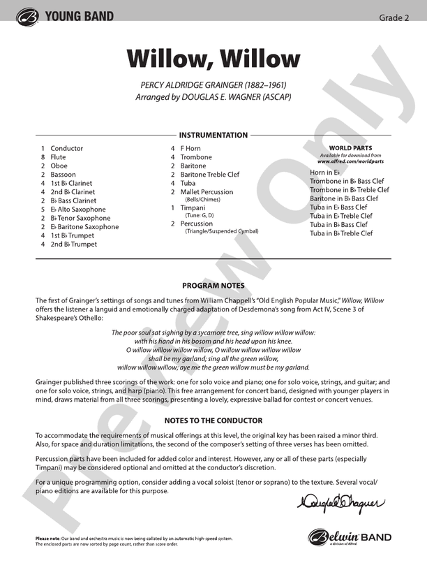 Willow, Willow - Concert Band Conductor Score & Parts (Digital Download)