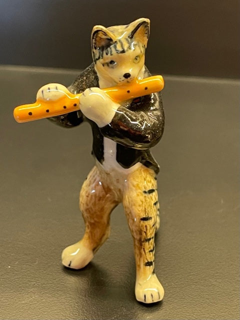 Cat in Tux Playing the Flute Porcelain Figurine