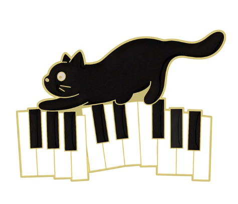 Piano Pin/Brooch Black Enamel Cat Crawling along Keyboard
