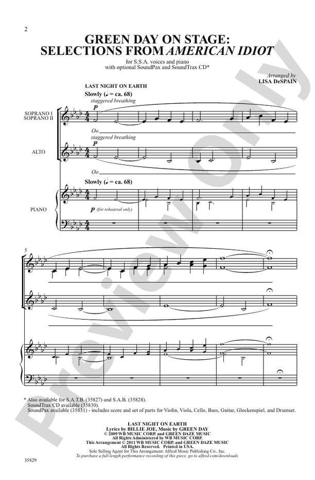Green Day on Stage: Selections from American Idiot - SSA Choral Octavo (Digital Download)