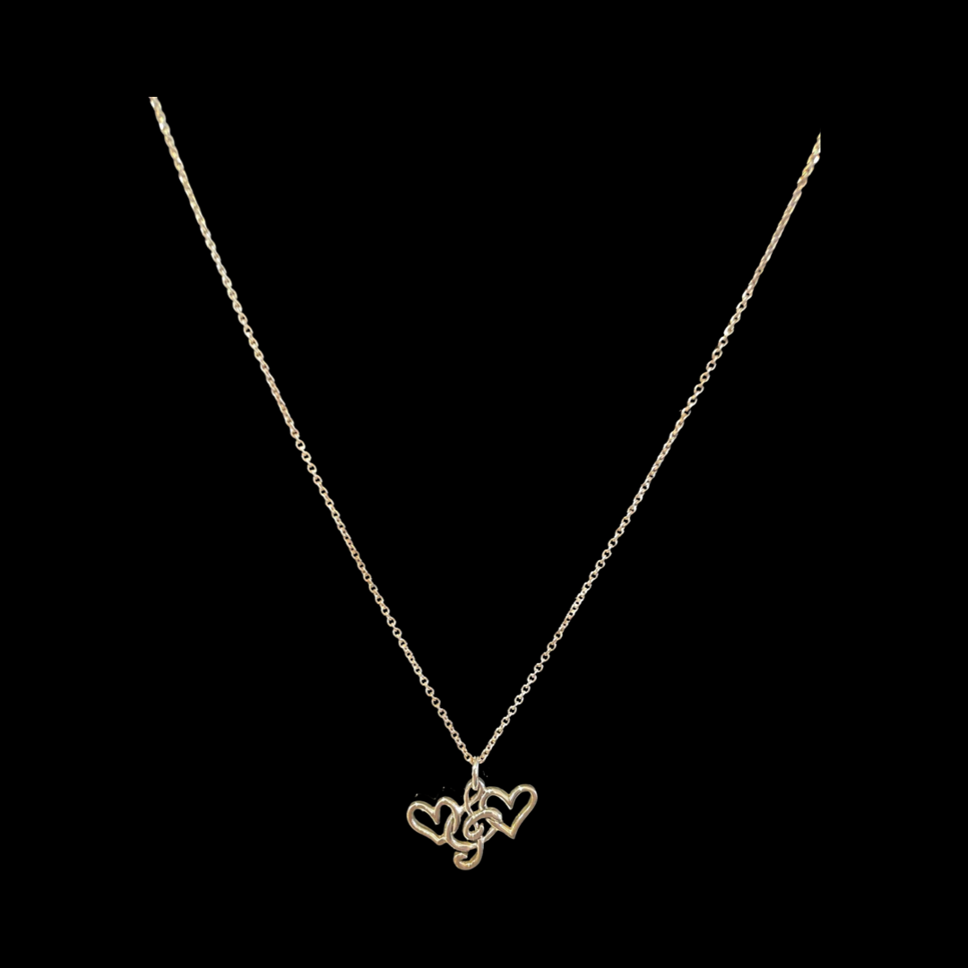 Necklace and Music Pendant with Two Hearts Entwined in a Treble Clef 40cm Chain 'Music is Love, Love is Music'