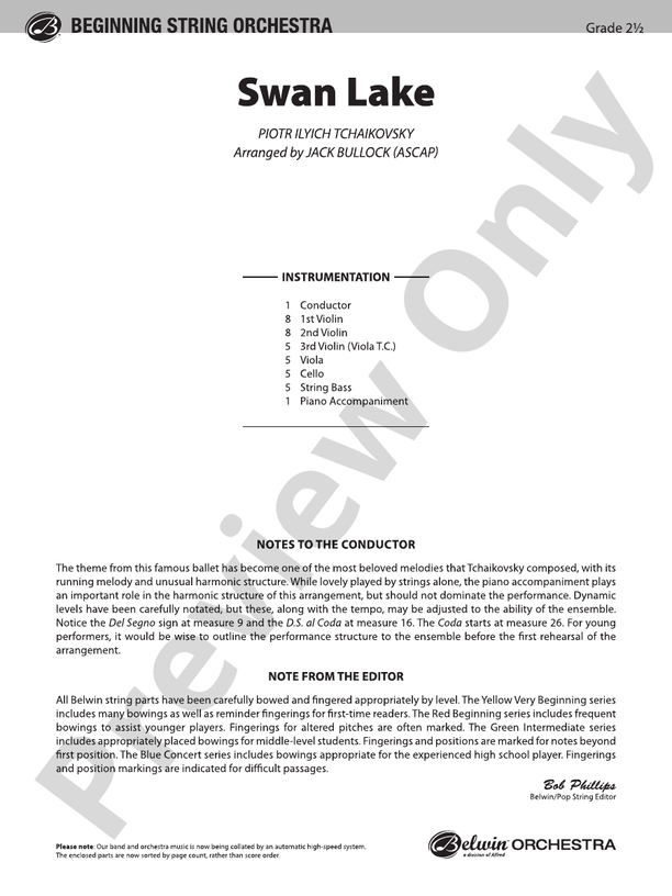 Swan Lake – String Orchestra Conductor Score & Parts (Digital Download)