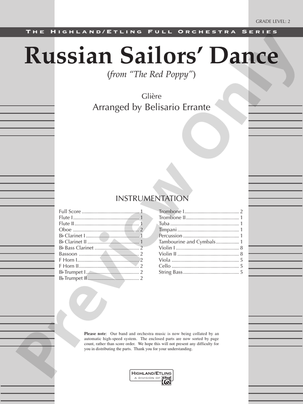 Russian Sailors' Dance – Full Orchestra Conductor Score & Parts (Digital Download)