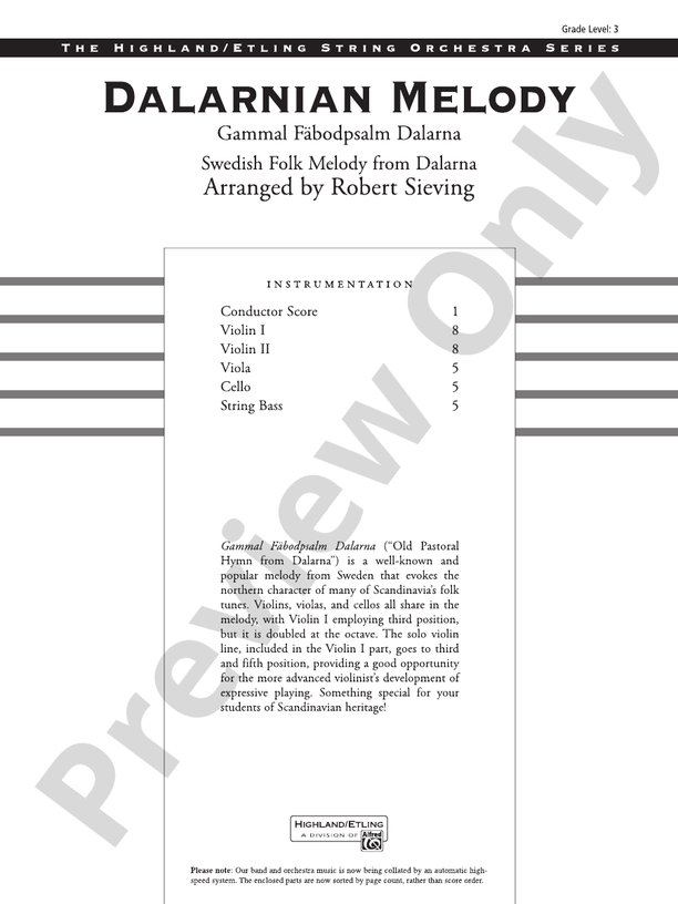 Dalarnian Melody – String Orchestra Conductor Score & Parts (Digital Download)