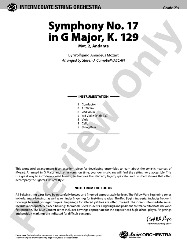Symphony No. 17 in G Major, K. 129 - String Orchestra Conductor Score & Parts (Digital Download)