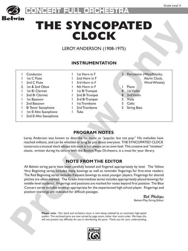The Syncopated Clock (Grade 4) – Full Orchestra Conductor Score & Parts (Digital Download)