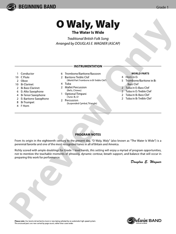 O Waly, Waly (The Water Is Wide) - Concert Band Conductor Score & Parts (Digital Download)
