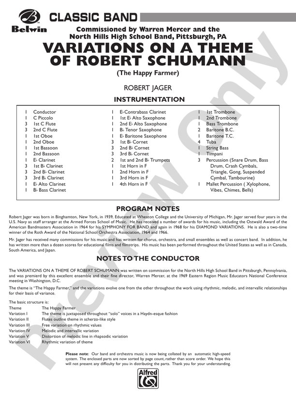 Variations on a Theme of Robert Schumann - Concert Band Conductor Score & Parts (Digital Download)