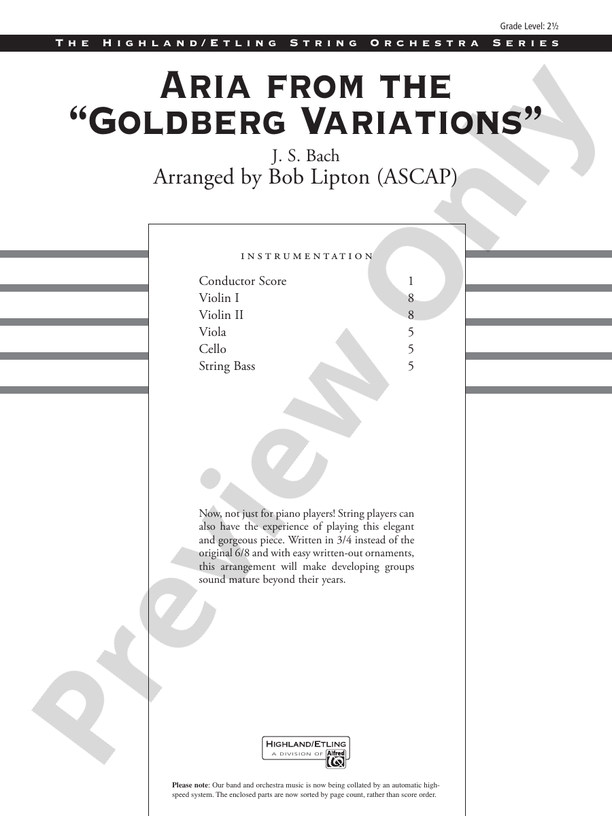 Aria from the Goldberg Variations – String Orchestra Conductor Score & Parts (Digital Download)