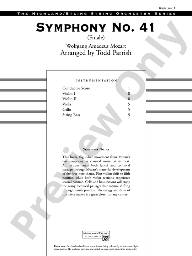 Symphony No. 41 – String Orchestra Conductor Score & Parts (Digital Download)