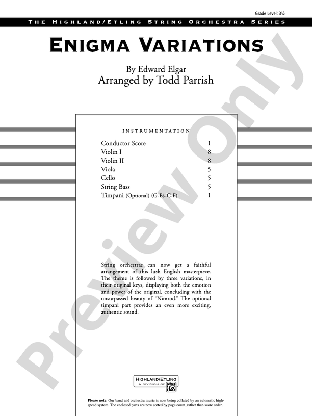 Enigma Variations - String Orchestra Conductor Score & Parts (Digital Download)