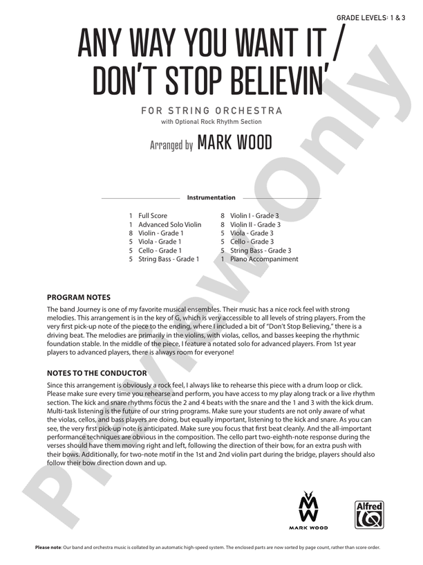 Any Way You Want It / Don't Stop Believin' - String Orchestra Conductor Score & Parts (Digital Download)