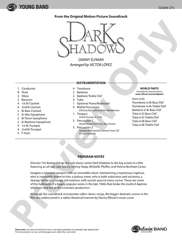 Dark Shadows (from the Original Motion Picture Soundtrack) - Concert Band Conductor Score & Parts (Digital Download)