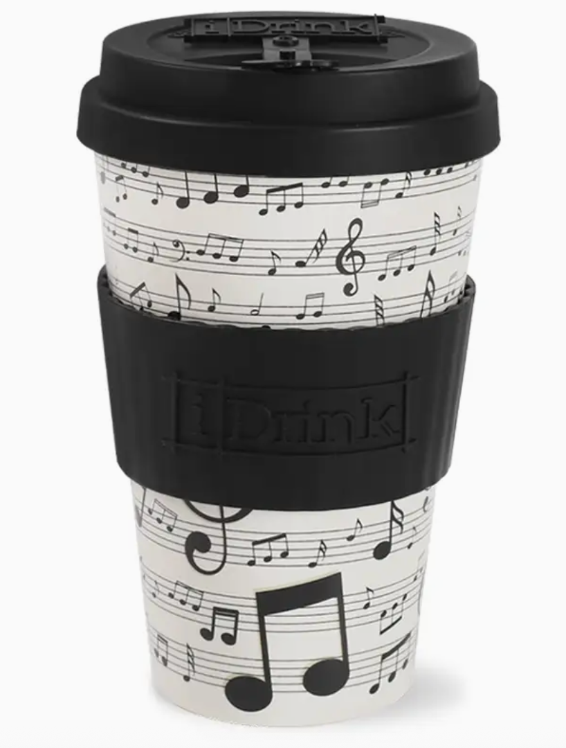 Reuseable Mug White with Black Notes and Clefs