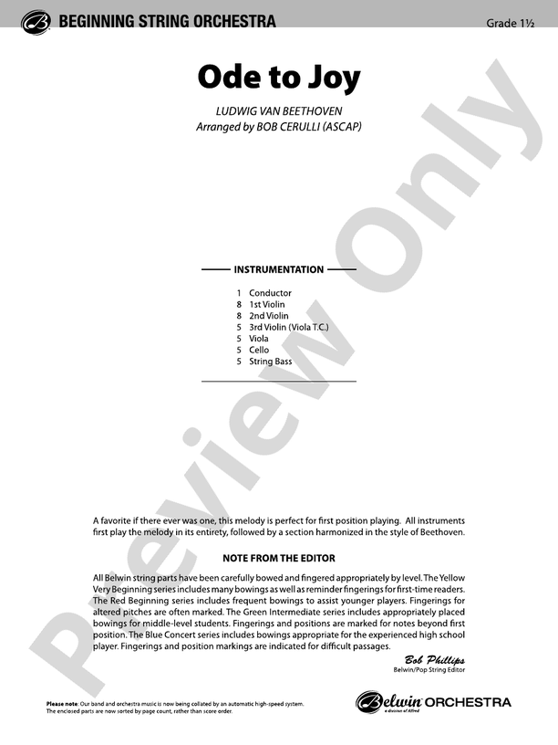 Ode to Joy (Grade 1) – String Orchestra Conductor Score & Parts (Digital Download)