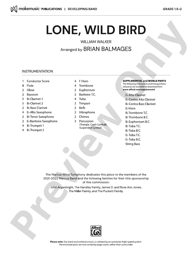 Lone, Wild Bird – Concert Band Conductor Score & Parts (Digital Download)