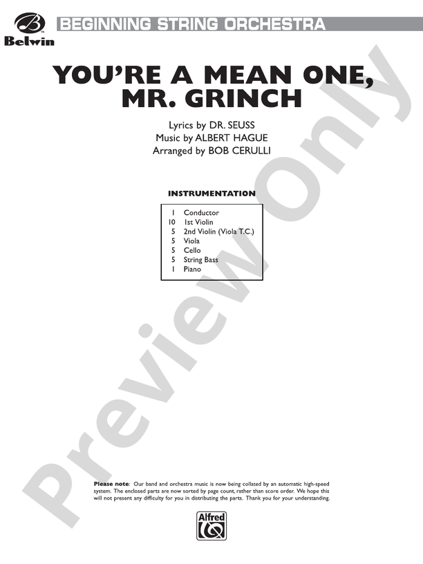 You're a Mean One, Mr. Grinch (Grade 1) - String Orchestra Conductor Score & Parts (Digital Download)