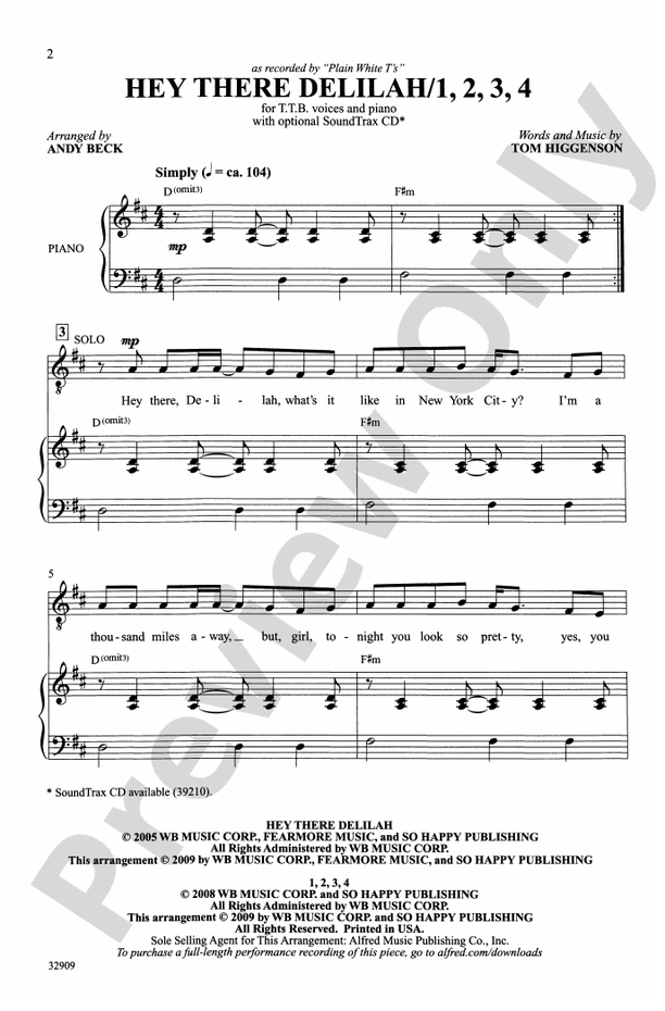 Hey There Delilah / 1, 2, 3, 4 – TTB Choral Octavo (Digital Download)