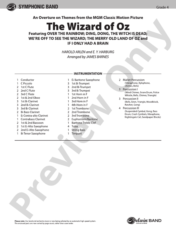 The Wizard of Oz (Medley) - Concert Band Conductor Score & Parts (Digital Download)