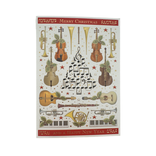 Greeting Card Christmas Instruments,Treble Clef & Notes "Merry Christmas and a Happy New Year"