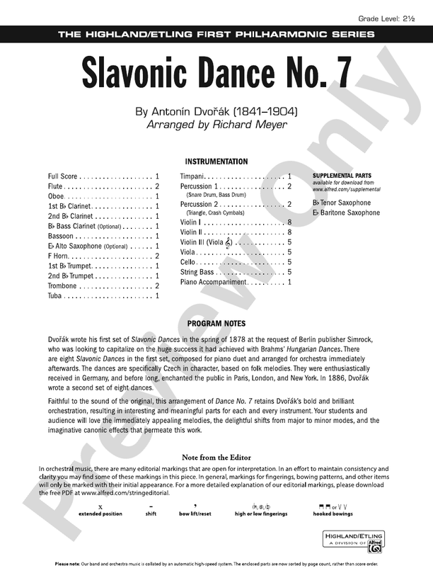 Slavonic Dance No. 7 – Full Orchestra Conductor Score & Parts (Digital Download)